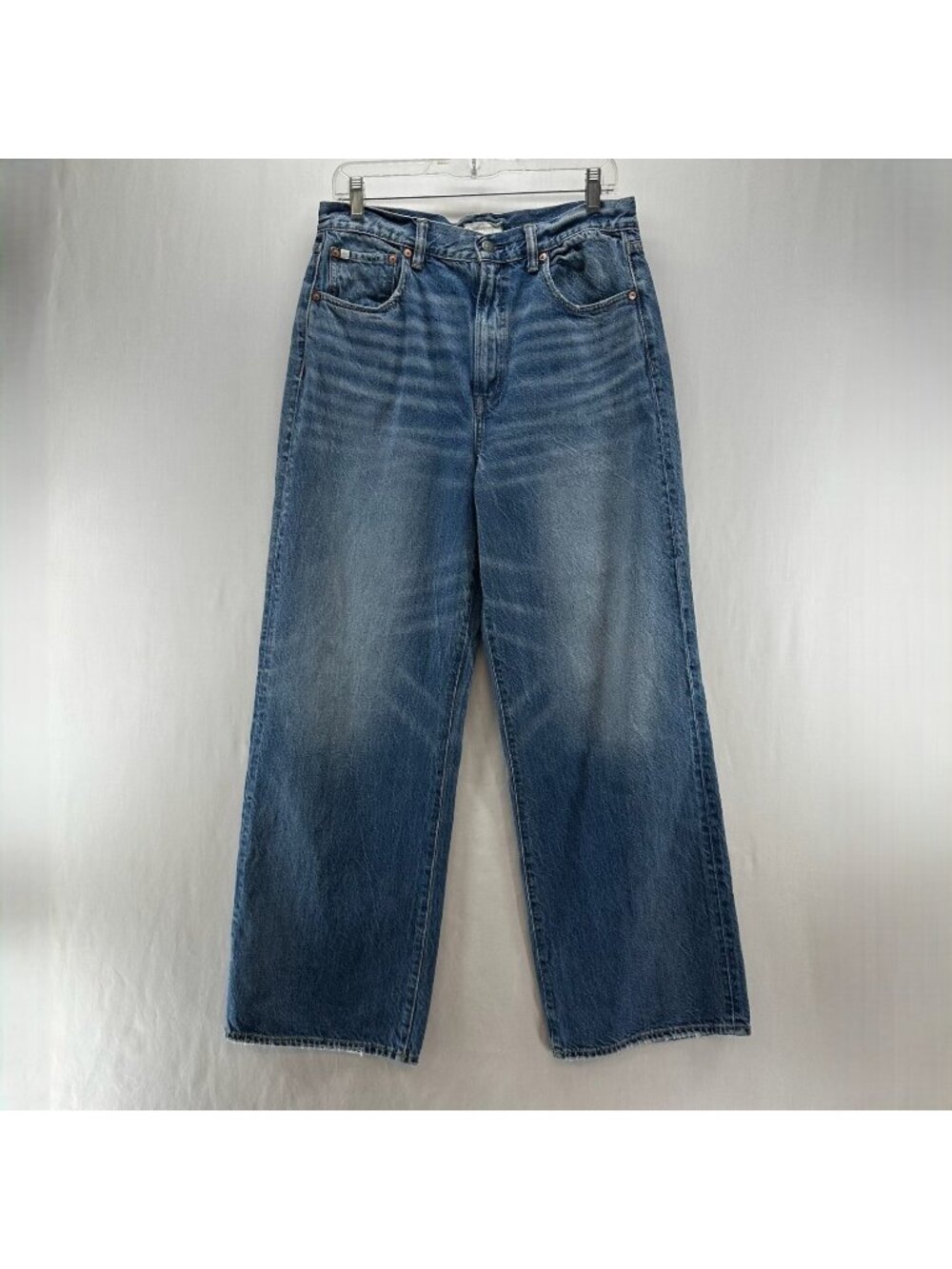 AE77 Premium Stovepipe Jeans Womens 12 Short Straight High Rise Medium Wash Blue